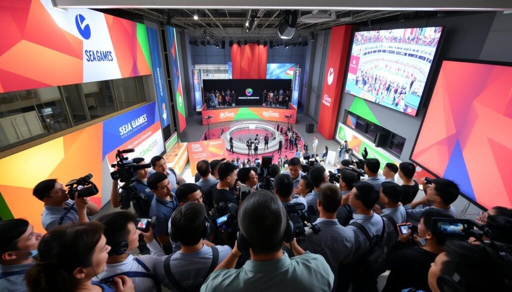 A high-angle shot of a bustling media room during the SEA Games, with reporters and cameramen diligently capturing the event. The foreground features a diverse array of media personnel, their faces focused and intent, as they conduct interviews and operate their equipment. The middle ground showcases the event venue, with its vibrant branding and signage prominently displayed. In the background, a large screen displays live footage of the ongoing games, creating a sense of energy and excitement. The lighting is bright and natural, lending a sense of immediacy and urgency to the scene. The overall mood is one of professionalism and dedication, as the media works tirelessly to bring the spirit of the SEA Games to the world.