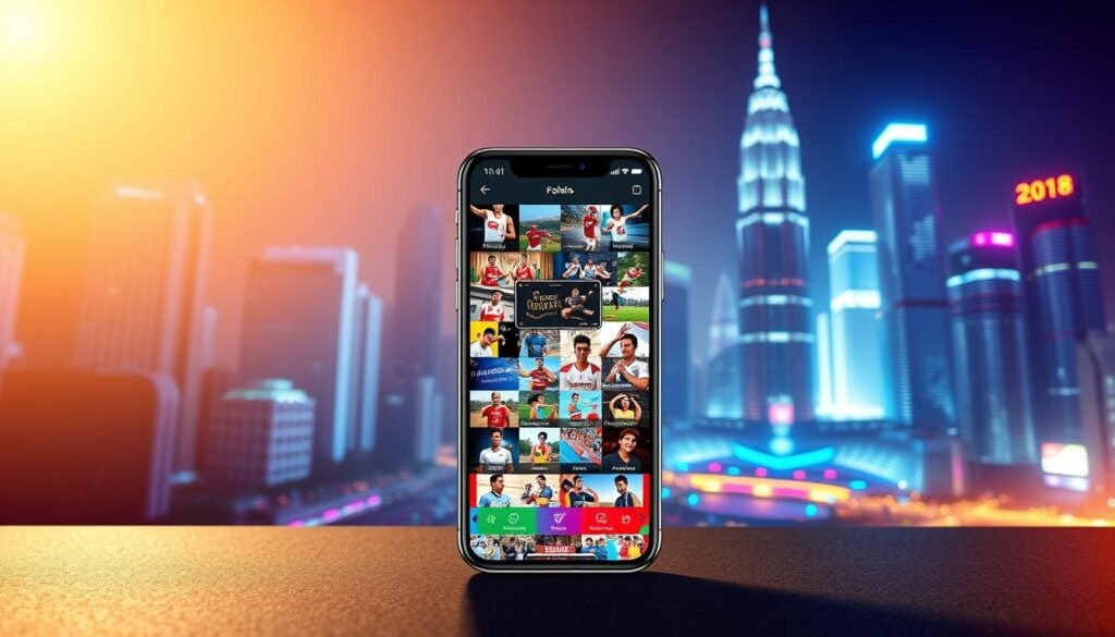 A sleek, modern mobile application interface showcasing the official SEA Games app. In the foreground, the app's logo and key features are prominently displayed against a clean, minimalist background. The middle ground features a vibrant, colorful mosaic of images representing the diverse sports and cultural events of the SEA Games. In the background, a futuristic cityscape with gleaming skyscrapers and vibrant, neon-lit signage creates a sense of technological innovation and dynamism. The overall scene is bathed in a warm, golden lighting, conveying a sense of excitement and celebration for the upcoming SEA Games event. The image should reflect the theme of "Innovation and Technology" within the larger context of the SEA Games.